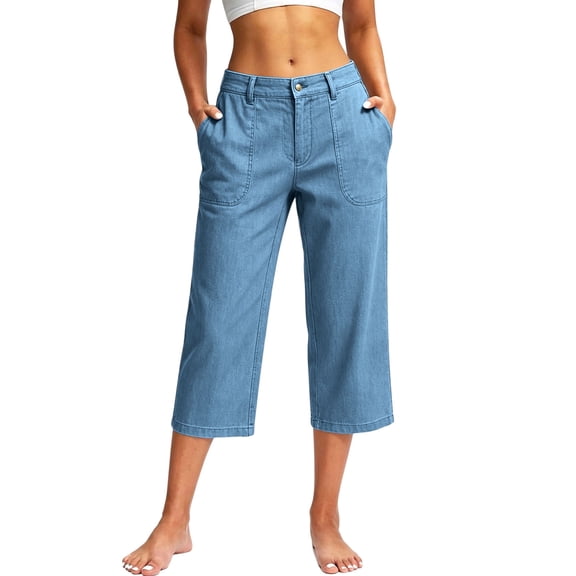 Costeam Womens Light Denim Cropped Capri Pants Button Zip Fly Large Patch Front Pockets Relaxed Straight Leg Mid Calf Casual Everyday Jeans