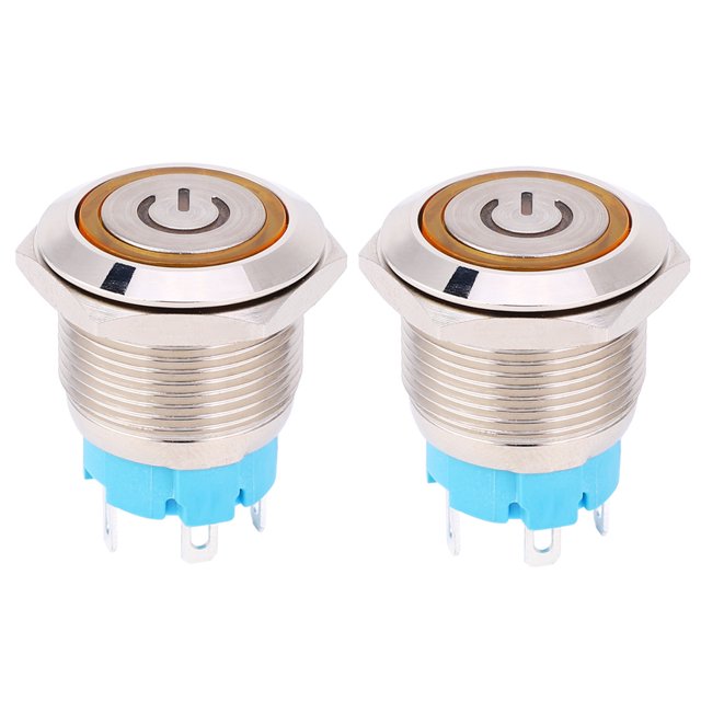 2 uds 12 ~ 24VDC interruptor de botón 19mm redondo 4PIN interruptor de reinicio automático con patrón de potencia de luz amarillo