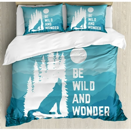Woody Duvet Cover Adventure Duvet Cover Set, Hand Drawn Be Wild and Wonder Quote Howling Wolf in the Woods under Moon, Decorative Bedding Set with Pillow Shams, Night Blue White, by Ambesonne ()