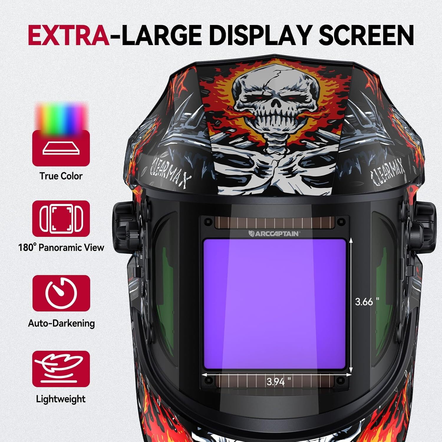 ARCCAPTAIN Auto Darkening Welding Helmet, True Color, 184° Panoramic Wide View, Viewing Screen, Solar Powered, for Welding Grinding Cutting Work