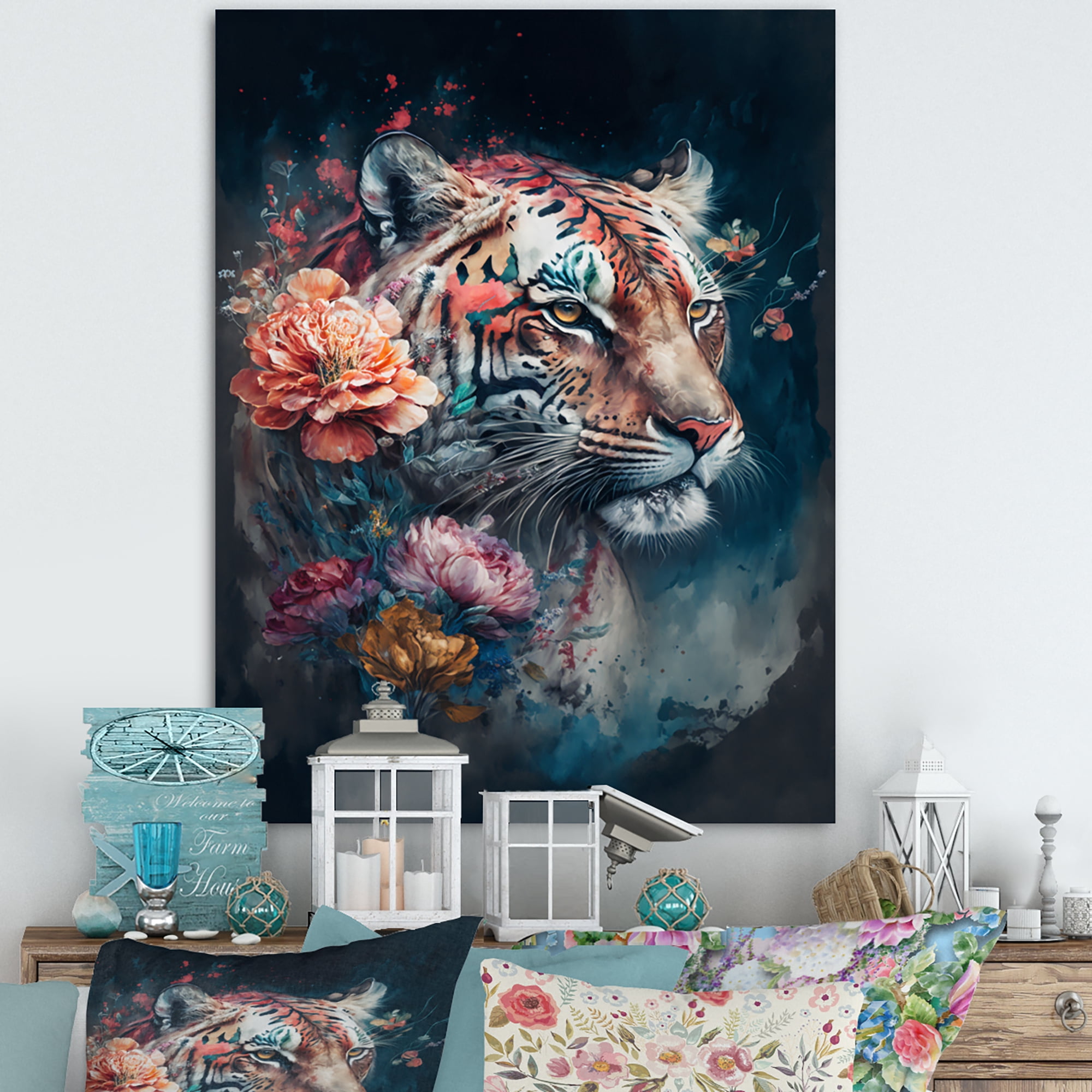 Designart Cute Tiger Floral Art II Canvas Wall Art