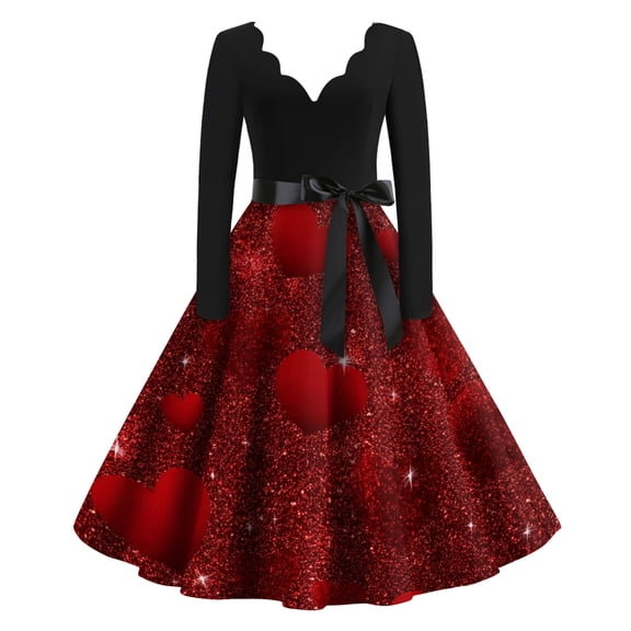 Fgvctg Valentine's Day Dresses for Women Elegant V Neck Vintage Cocktail Dresses Love Heart Print Hepburn 1950s Dresses Date-Night Long Sleeve Plus Size Dressy Outfits Wine 2XL