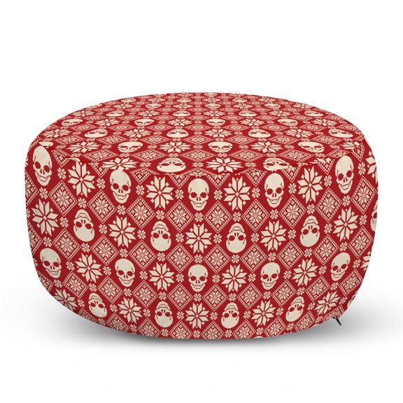 Nordic Pouf Cover with Zipper, Nordic Stitch Skull Pattern with Snowflakes and Floral Design Ornamental Knit Design, Soft Decorative Fabric Unstuffed Case, 30" W X 17.3" L, Red Beige, by Ambesonne