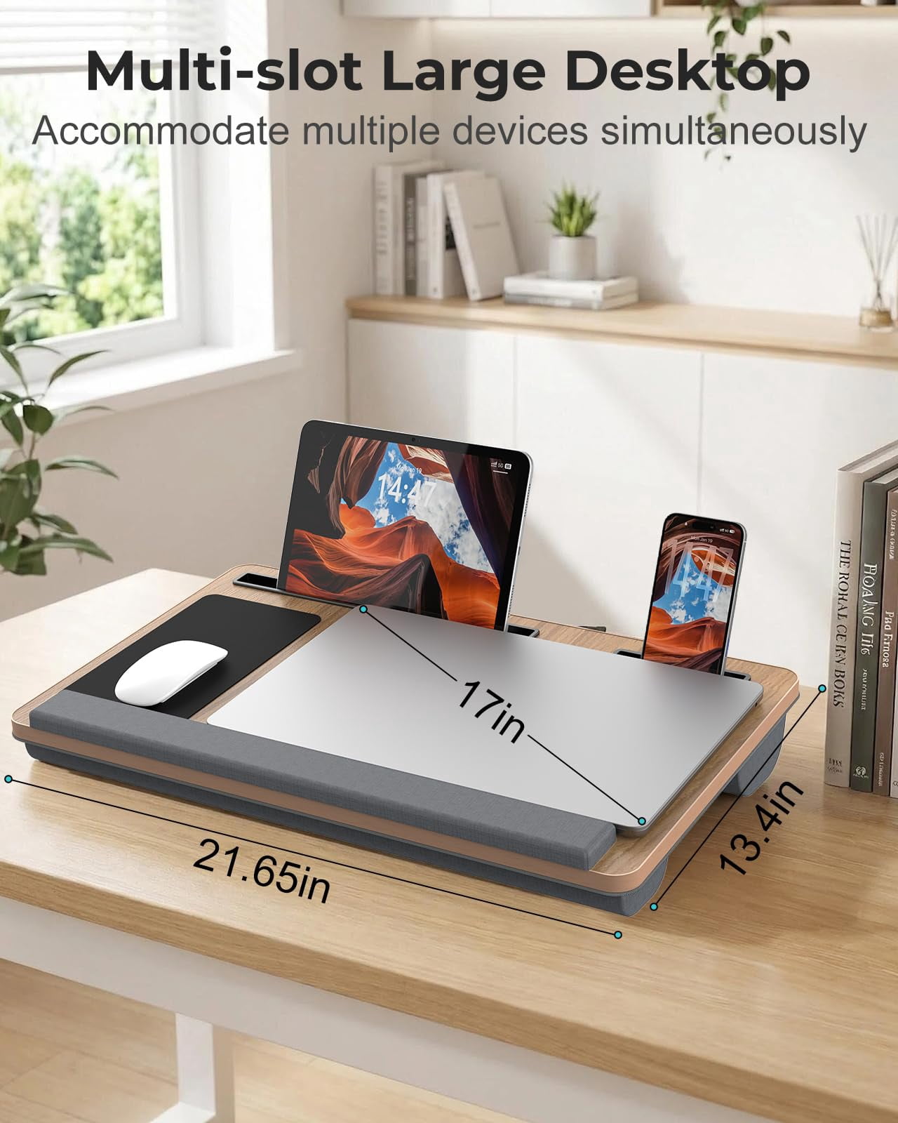 Lap Desk - Up To 17" Laptop With Wrist Rest  Portable Handle 2 Self-adhesive Pvc Mouse Pads Tablet & Phone Slots Stand For Bed Cushion (dark Brown Woodgrain)