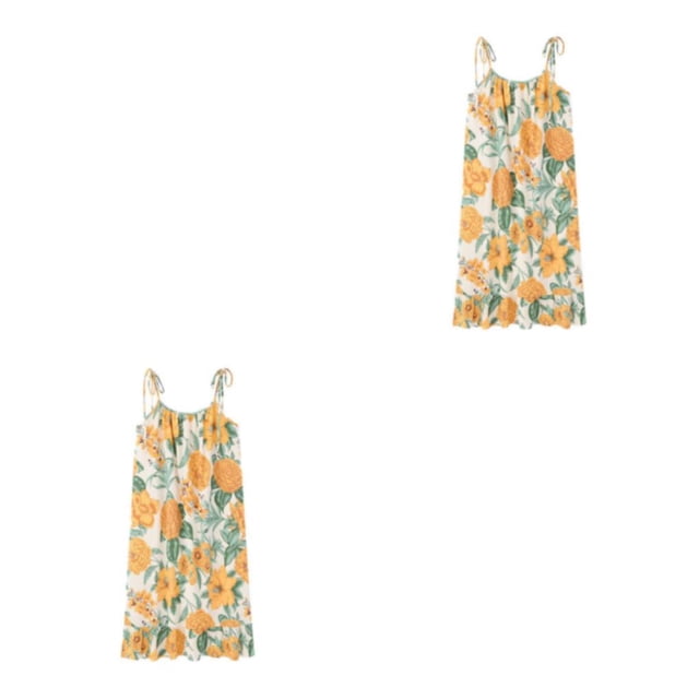 Camisón Florales Qarigey Algodón Vestido de noche Cuello Suelto Sin mangas Ropa de dormir Amarillo azulado 2Conjunto
