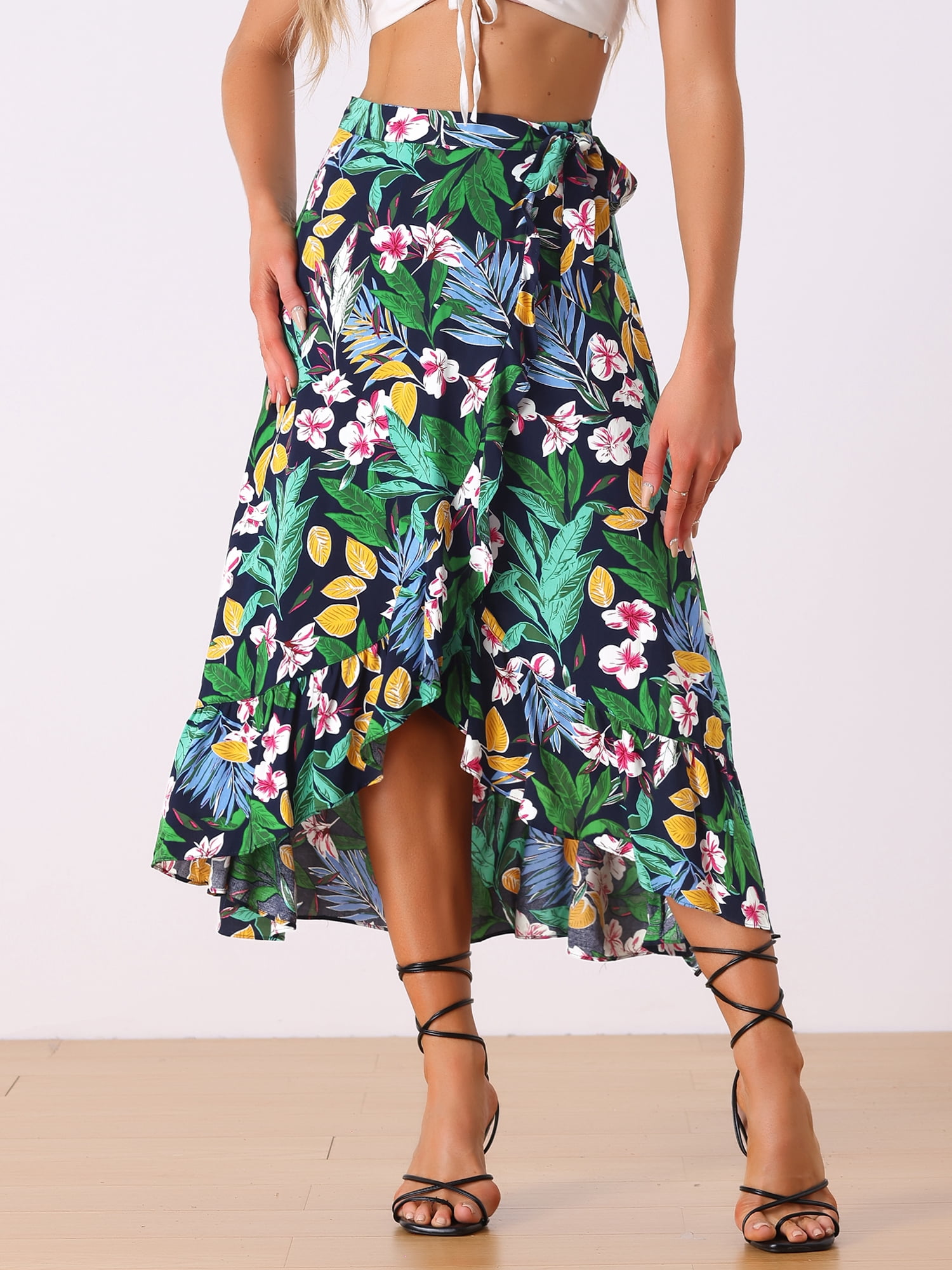 DARING DIVA Women's Ruffle Self Tie Knot Split Beach Wrap Midi Skirt XL Dark Blue
