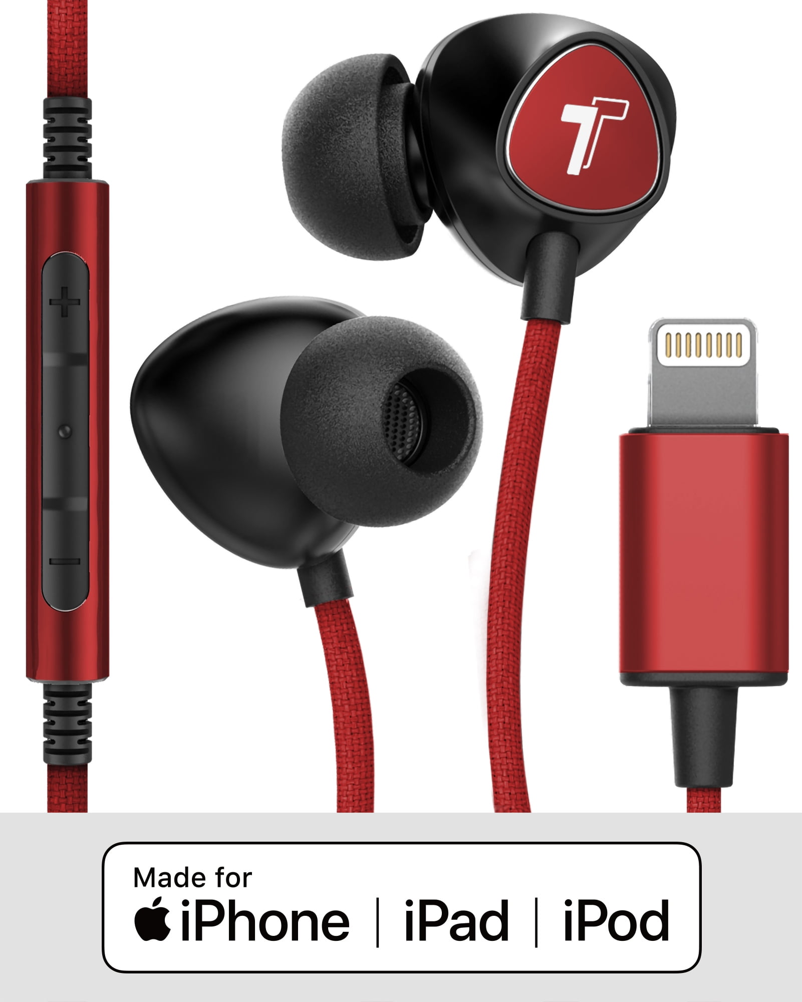orkester Rusten Visne Thore Braided iPhone Earphones (Apple MFi Certified) V110 In Ear Wired  Lightning Earbuds (Sweat/Water Resistant) Headphones with Mic/Volume Remote  for iPhone XR/Xs Max/7/8 Plus/11/Pro Max - Red - Walmart.com