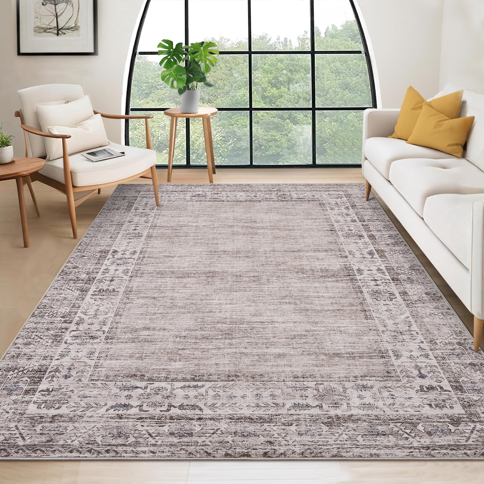 Hasoo Washable Bedroom Border Area Rug 8' x 10' Rug for Living Room Polyester Taupe/Gray Stain-Resistant Indoor Carpet