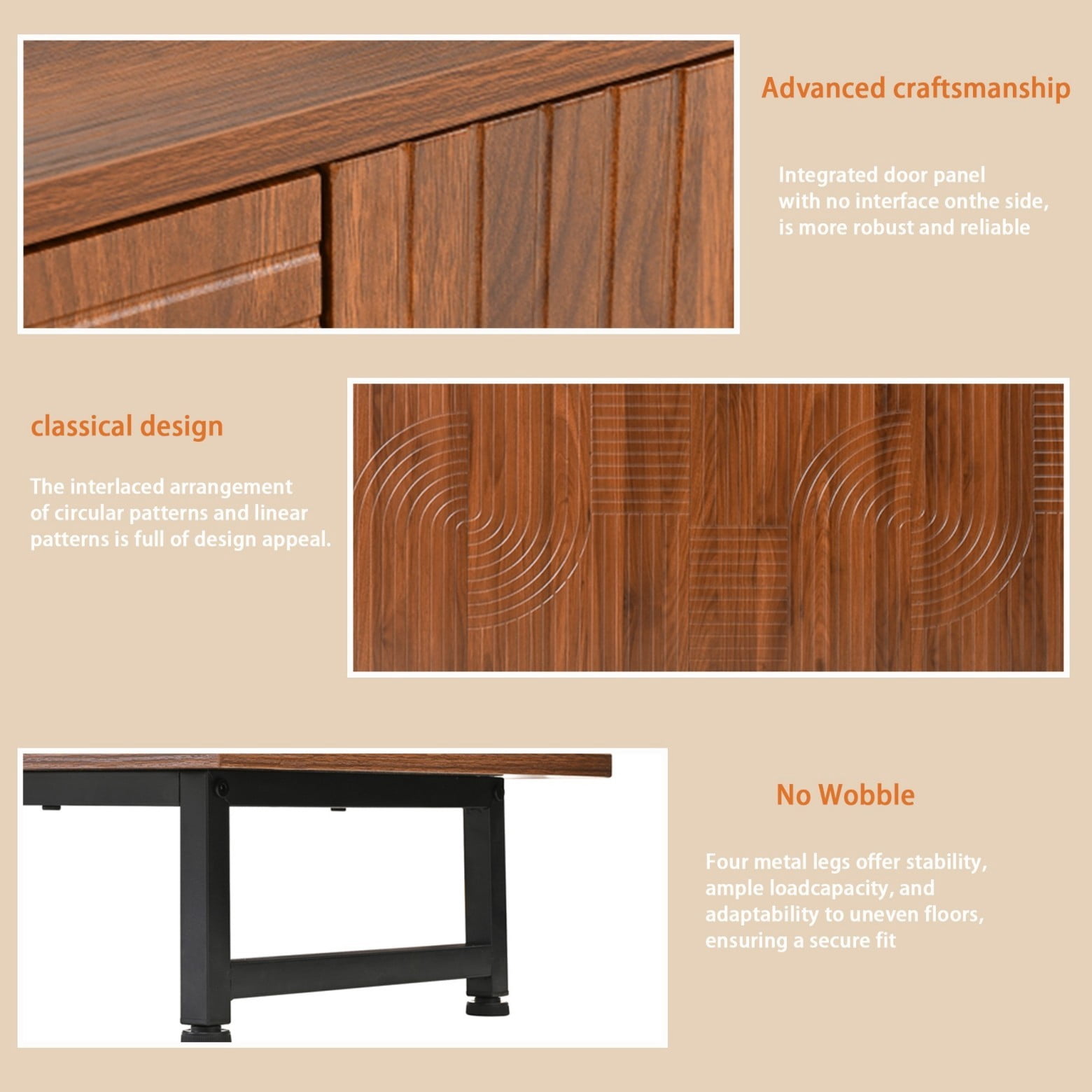 Mid Century Modern Sideboard Cabinet, 59" Walnut Buffet Cabinet with Geometric Carved Doors, Storage Credenza with Metal Legs, Multi-Purpose Cabinet for Living Room Dining Room Entryway