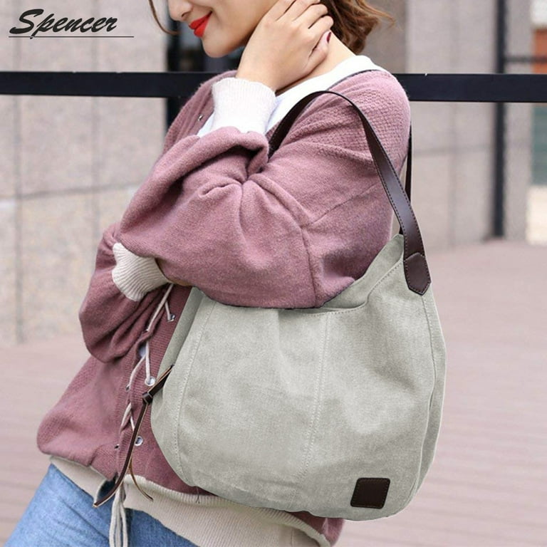 White Canvas Shoulder Tote, Cotton Purse, Multi Pockets Bag