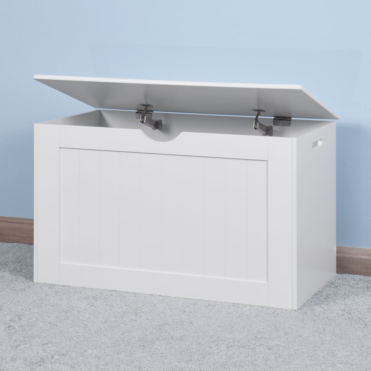 White Lift Top Entryway Storage Cabinet Wooden Toy Box with 2 Safety Hinges