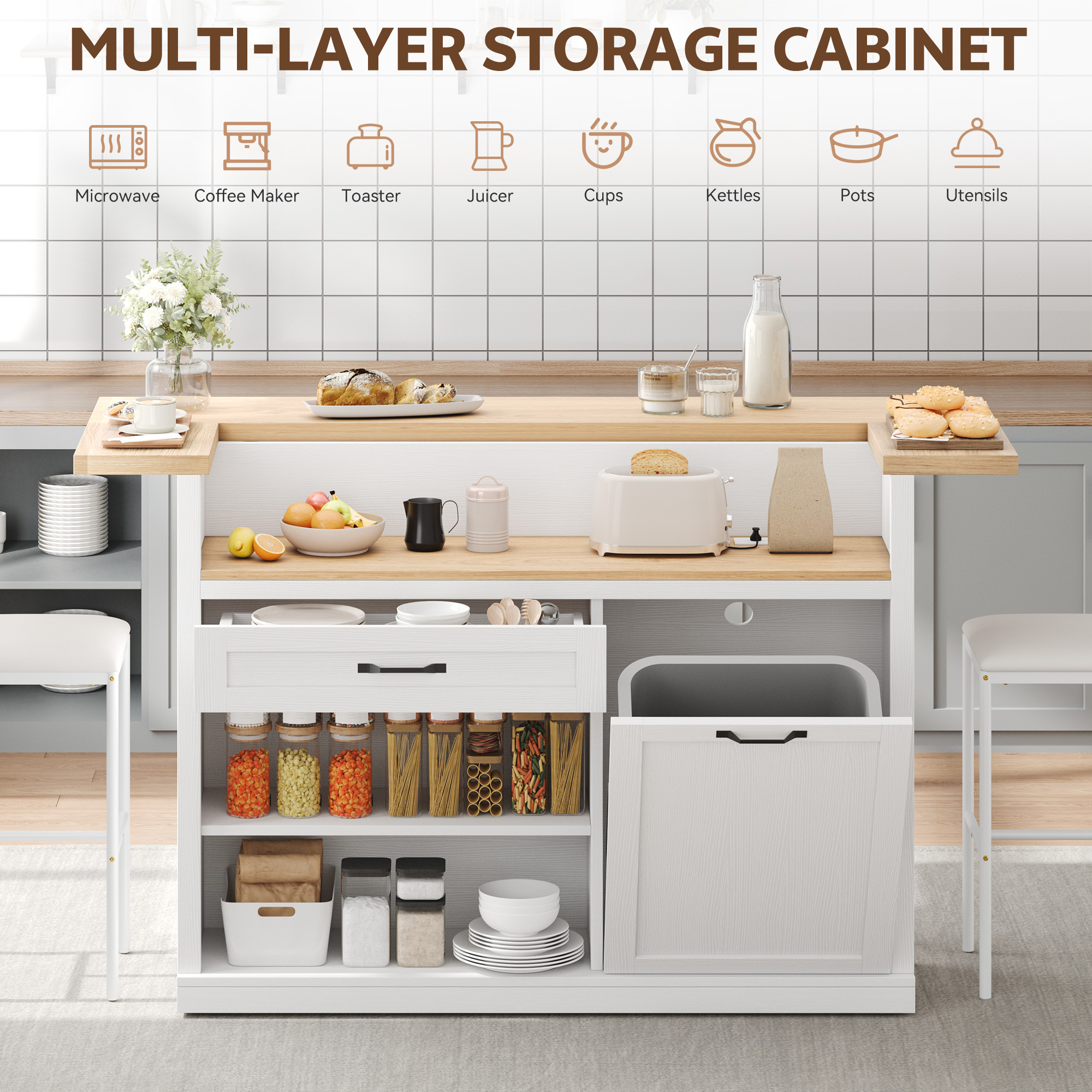 Homiflex 55" Kitchen Island with Storage, Lrage Island cart with wheels, White
