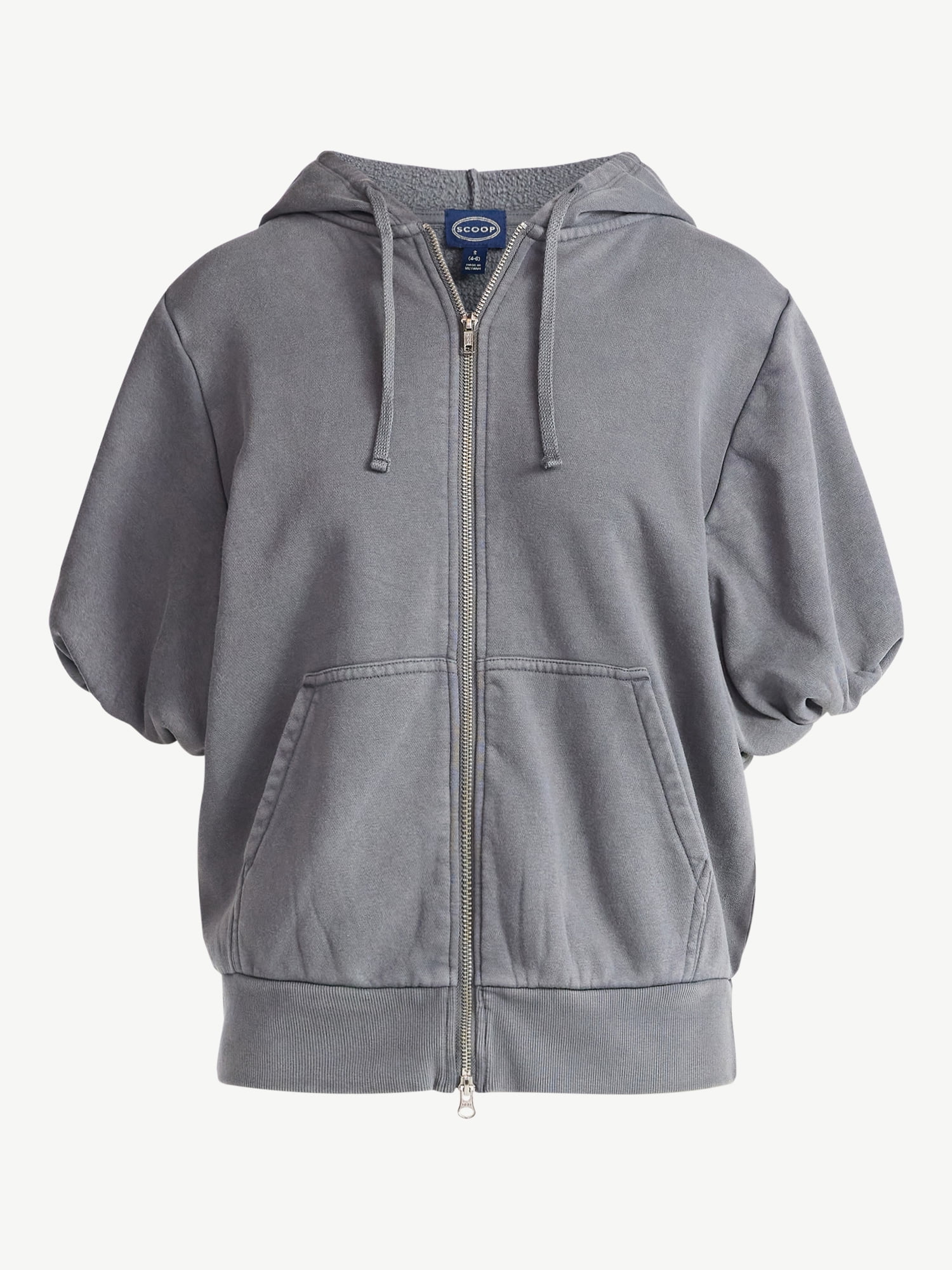 Scoop Women’s Mineral Washed Zip Hoodie with Short Puff Sleeves, Sizes XS-XXL