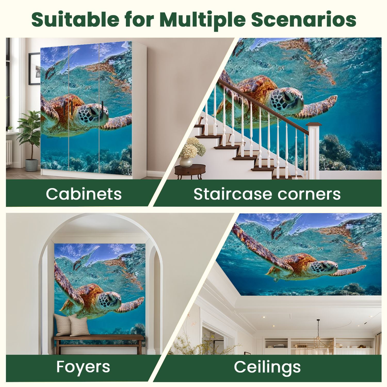 Peel and Stick Wallpaper Green sea turtle swimming below ocean s surface Modern Art Wall Mural Decor Self Adhesive and Removable 100in x 144in