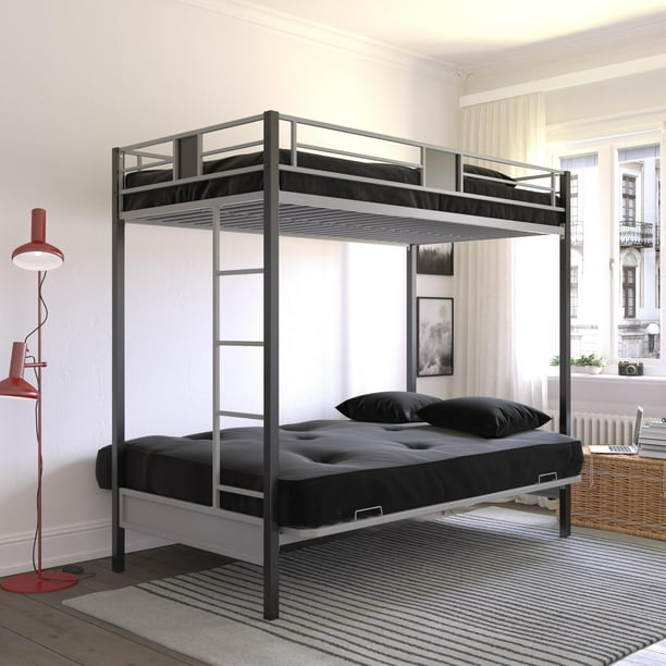 Dhp silver screen twin over futon metal bunk bed, silver/black