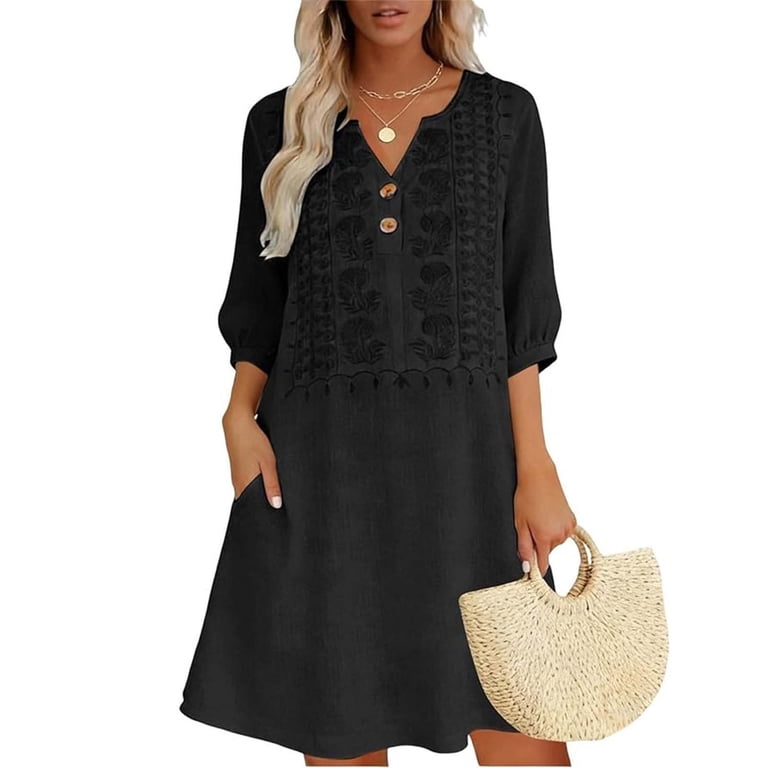 black easter dress asdoklhq Womens Easter Dress House Dress Boho Embroidered Tunic Dress V  Neck 3/4 Sleeve Casual Loose Mini Dress for Summer Beach Black 2X