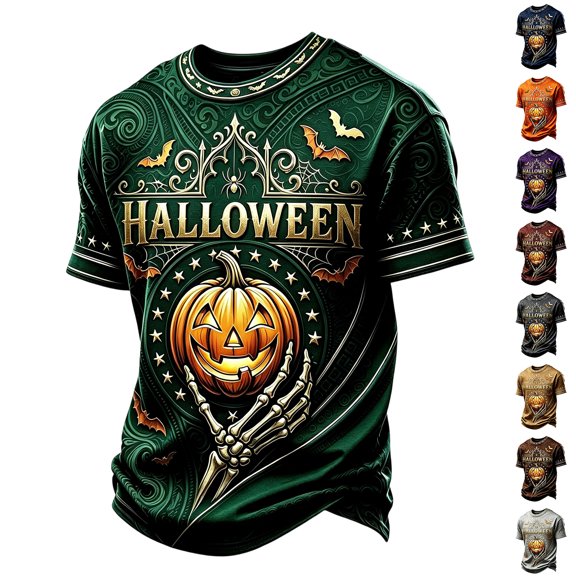 Broave Men Halloween Skeleton Hand Jack O'Lantern Crewneck Short Sleeve T-Shirt, All Over Print Bat Scroll Casual Graphic Tee, Gothic Halloween Top for Men Daily Wear & Halloween Party Outfit