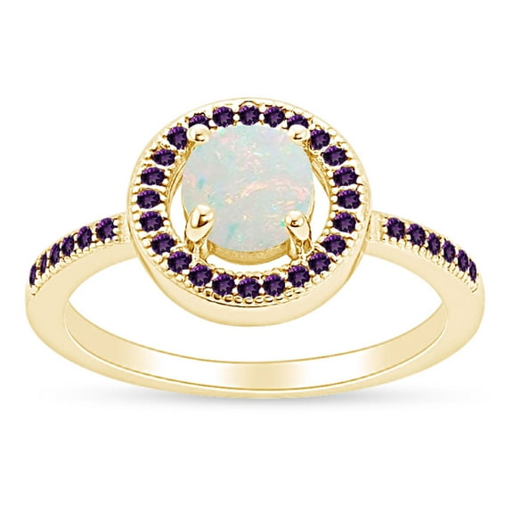Round Cut Lab Created Opal And Simulated Amethyst Solitaire Design, Halo Engagement Ring In 14k Yellow Gold Over Sterling Silver