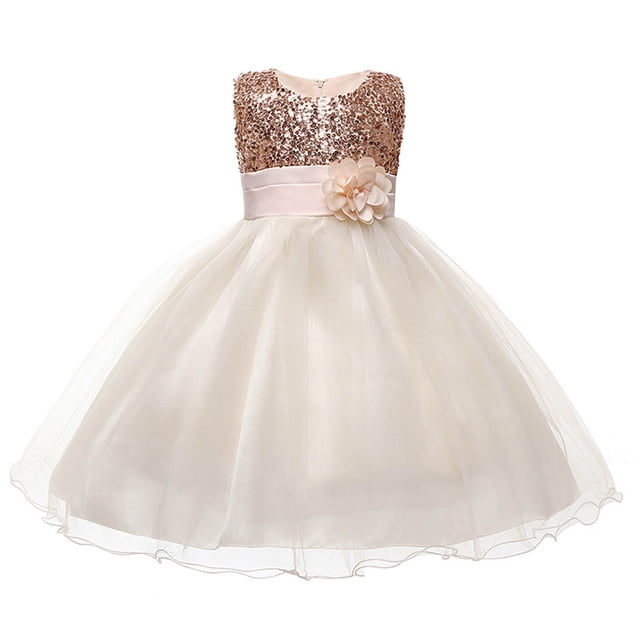 BYHONG Robes pour Filles Robe Sans Manches en Chiffon à Sequins Robe de Performance Robe de Princesse Jupe Beige Tenue de Jeu Extérieur 4-5 Ans
