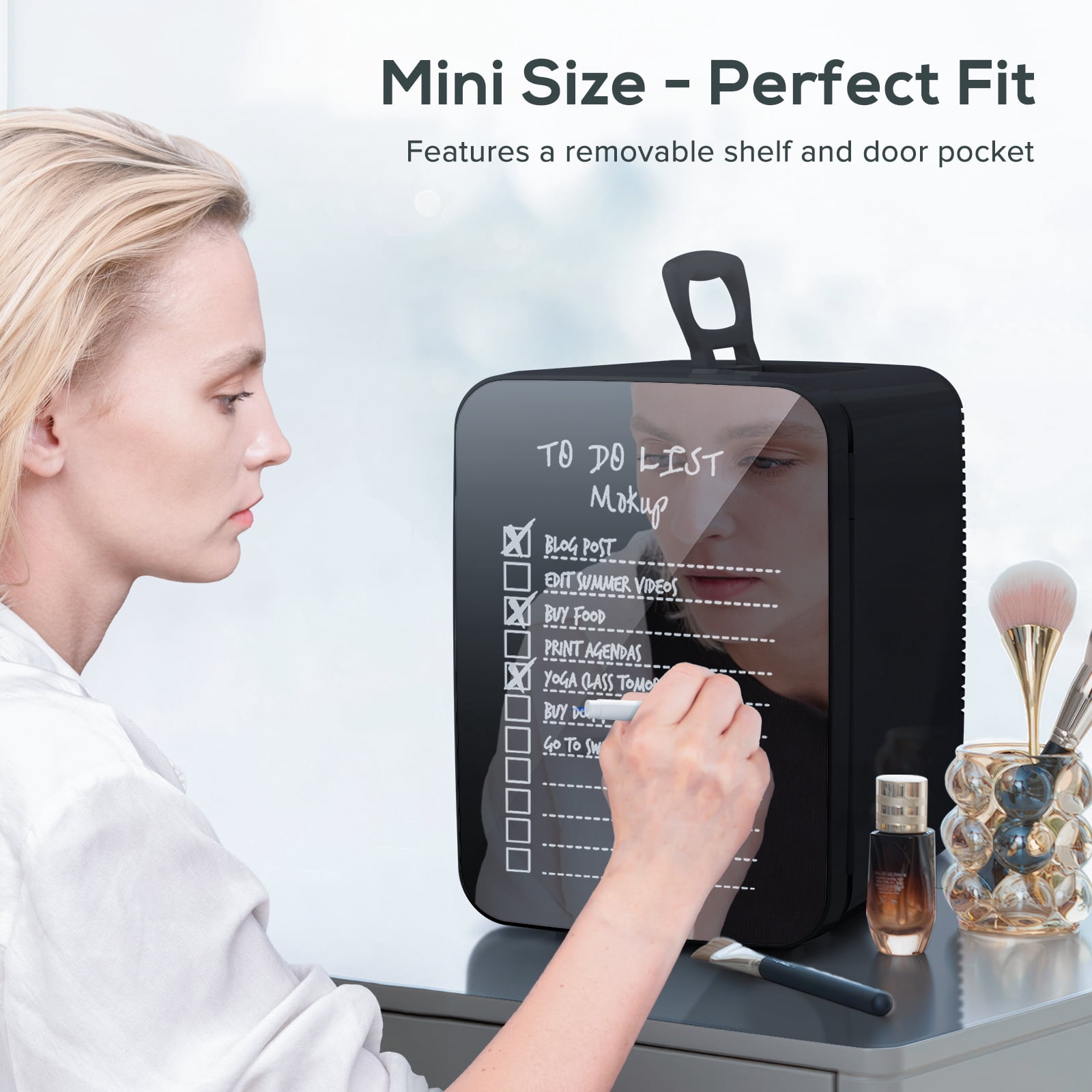Auseo Mini Fridge for Bedroom, Portable Cooler for Cosmetics, Food & Drinks, Temper Glass Door with Doodle Pen, 12V DC/120V AC, for Skincare, Makeup, Car, Dorm Room, 10 Liter, Black