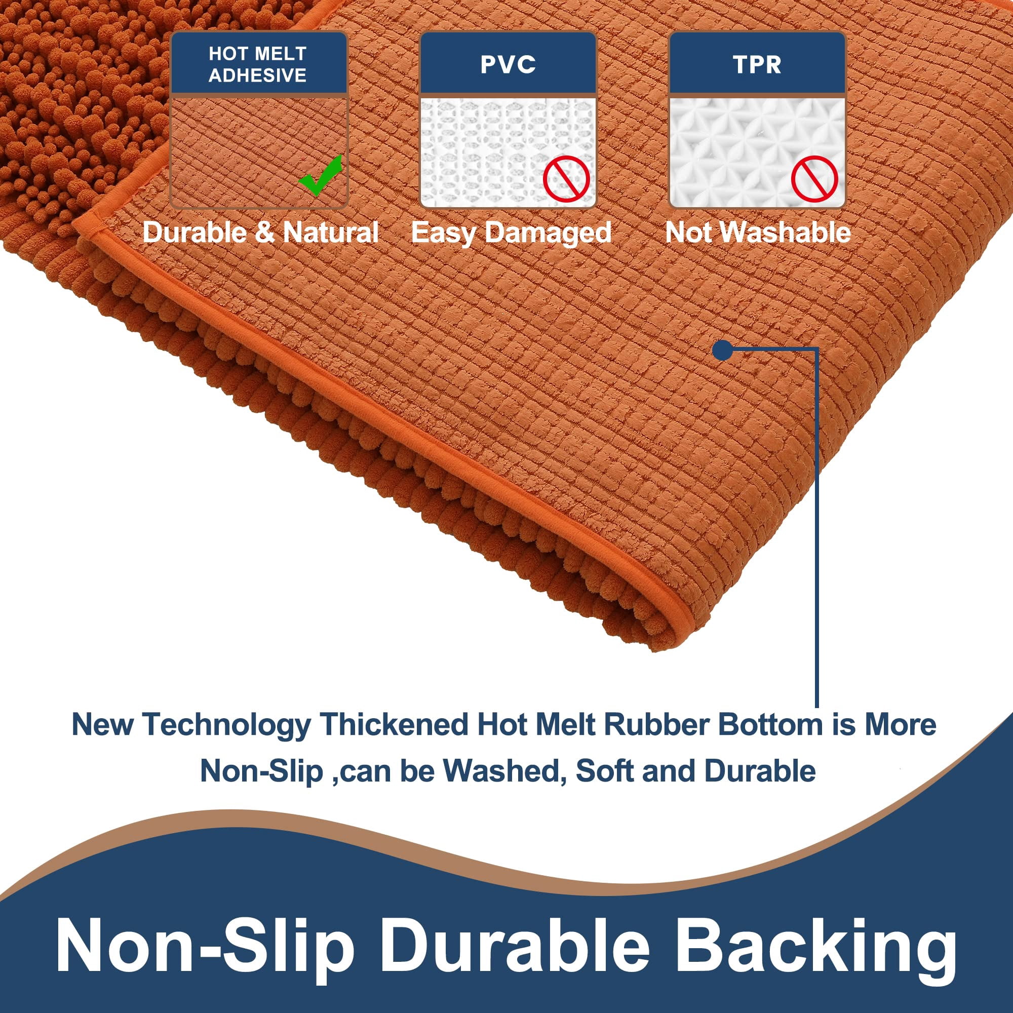 Luxury Chenille Burnt Orange Bathroom Rugs Bath Mats Sets, Extra Soft and Absorbent Bathroom Rugs Non Skid Machine Wash Dry Bath Mats(32"x20" Plus 17"x24")
