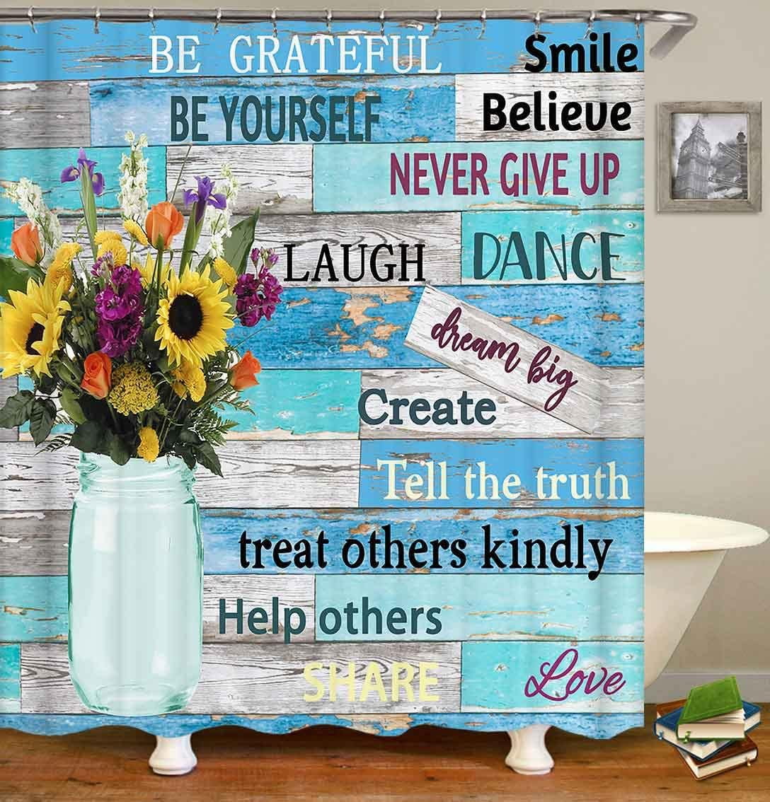 4PCS Farmhouse Shower Curtain Set, Bless This Home Cotton Flower Teal Pitcher Vase Moroccan Country Rustic Bathroom Decor, Waterproof Fabric White Shower Curtain, Non-Slip Bath Mat Toilet Rug