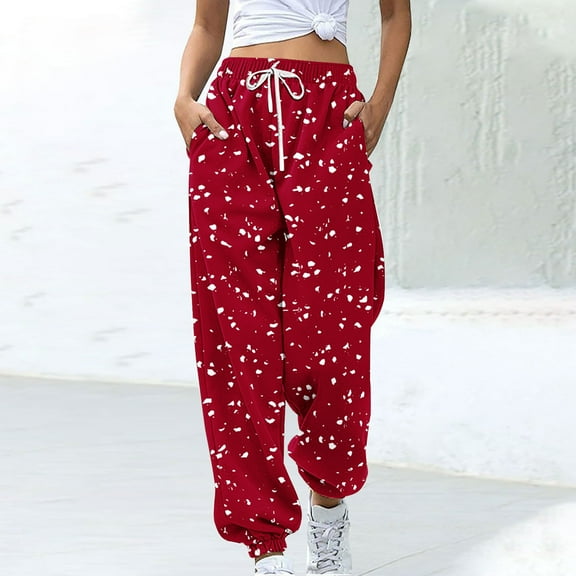 Zylanna Women's Sweatpants with Pockets, Soft & Warm Baggy Elastic Drawstring Printed Casual Jogger Pants for Women Red