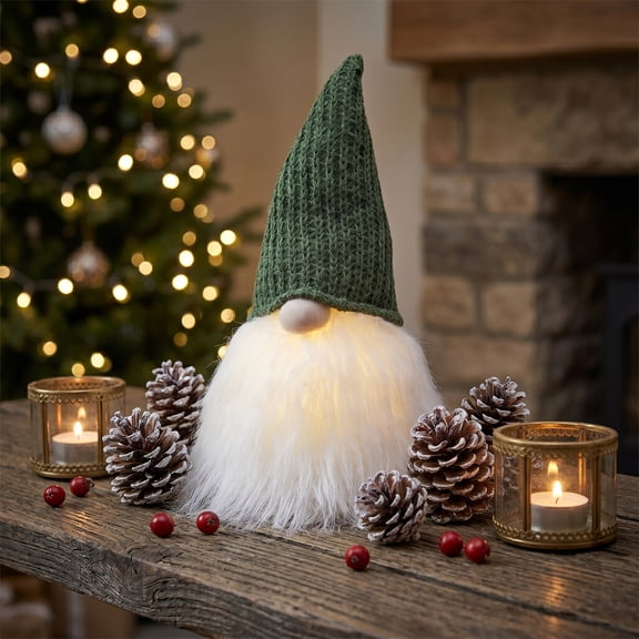Northlight LED Lighted Plush Green Knit Hat Gnome Head Christmas Decoration - 11"