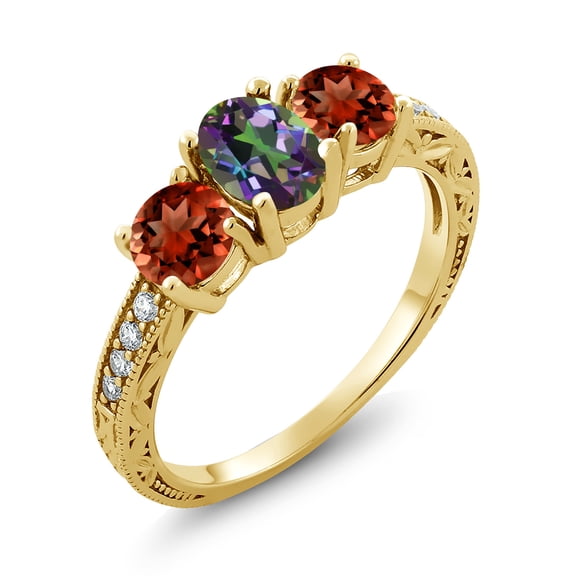 Gem Stone King 3.12 Ct Oval Green Mystic Topaz Red Garnet 18K Yellow Gold Plated Silver Moissanite Ring (Size 8)