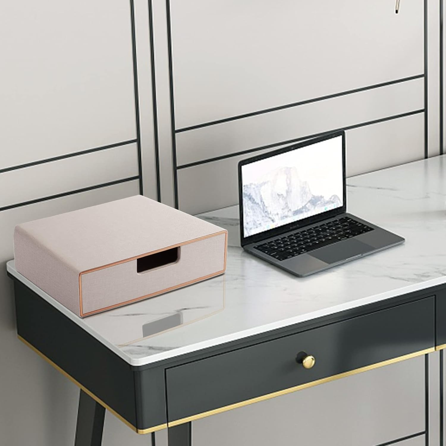 Stackable Drawer Organizer PU Leather Classic Handmade,Organize Home Office Desk Accessories and Sort Letter-Size Paper/a4 Document,Desk Caddy with Drawers Storage Box,13.1x10x3.7inches,Beige