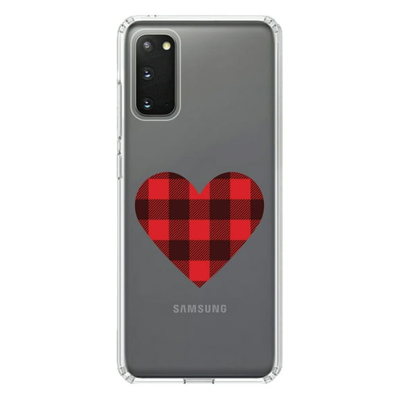 DistinctInk Clear Shockproof Hybrid Case for Galaxy S20 ULTRA / 5G (6.9" Screen) - TPU Bumper Acrylic Back Tempered Glass Screen Protector - Buffalo Heart - Red Black Plaid