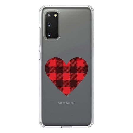 DistinctInk Clear Shockproof Hybrid Case for Galaxy S20 PLUS / 5G (6.7 Screen) - TPU Bumper Acrylic Back Tempered Glass Screen Protector - Buffalo Heart - Red Black Plaid
