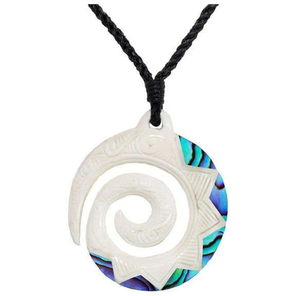 81stgeneration Women's Men's Hand Carved Bone Paua Maori Round Koru Engraved Pendant Necklace