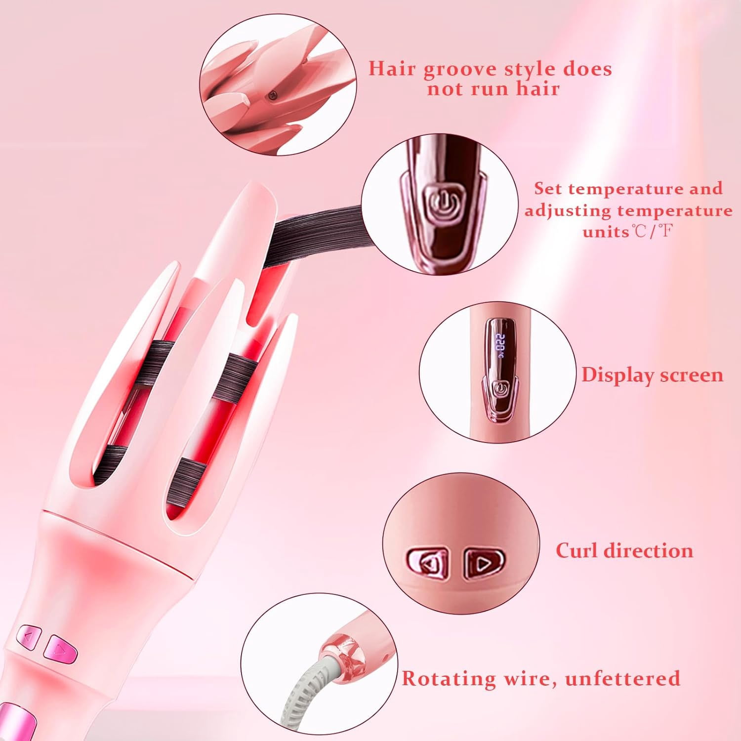 Automatic Hair Curler, Professional Auto-Rotating Curling Iron with 1 1/4 Inch Ceramic Barrel, 4 Adjustable Temperature Settings, Anti-Tangle & Anti-Scald Design for All Hair Types,pink