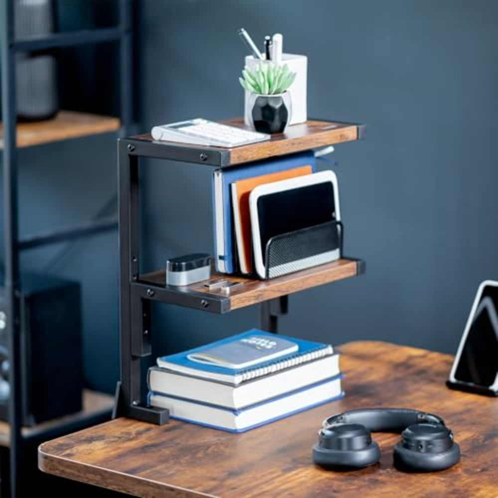 Clamp-on Above or Below Desk 2-Tier Shelving Unit for Table Accessories Gaming Devices and More Storage Tray Desktop Organizer Rustic STAND-SHELF2C-N