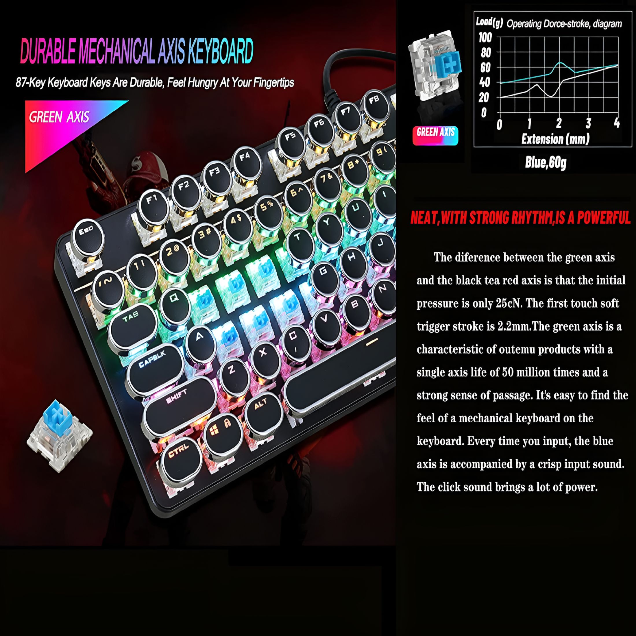 GJX Mechanical Gaming Keyboard Typewriter Style with RGB LED Rainbow Backlit Blue Switch Retro Steampunk Round Keycaps for Windows Gaming PC (87 Keys), Elegant Black