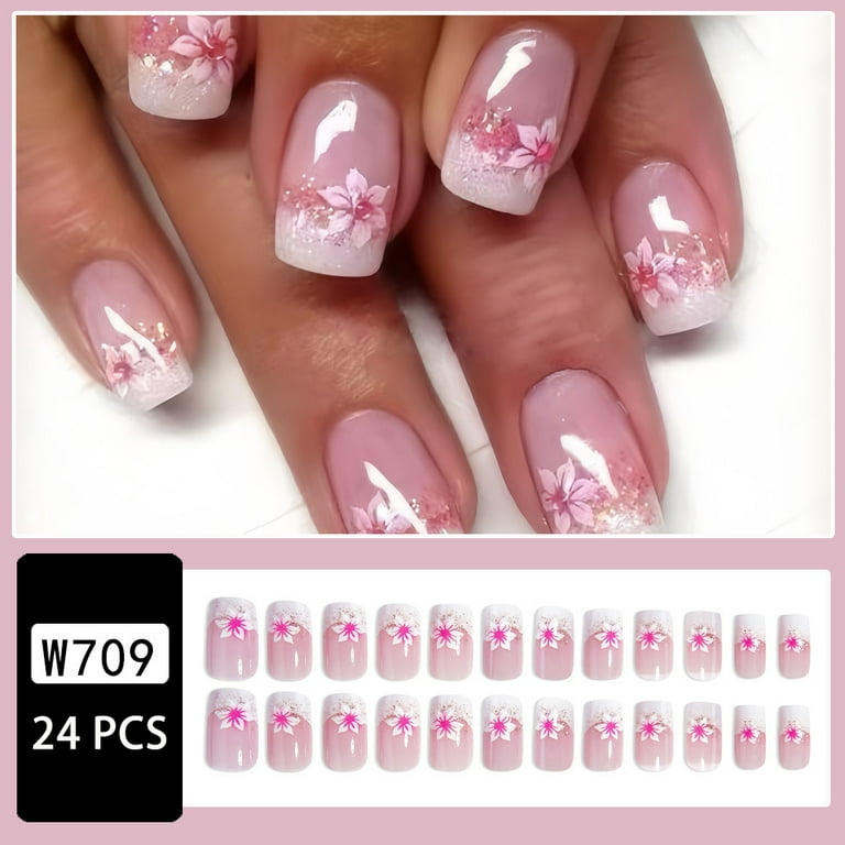 24pcs Bling - Bling Rose - Pink Petal Nail Art - Sweet Ins Style Wearable False Nails