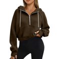 thumbnail image 3 of QATAINLAV Weekly Prime Women's Half Zip Cropped Sweatshirts with Hood Solid Casual Fleece Lined Hoodies Long Sleeve Pullover Activewear Sweater Brown XL, 3 of 9