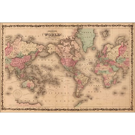 24x36 Poster; Johnsons World Map 1862 P2; Antique Reprint