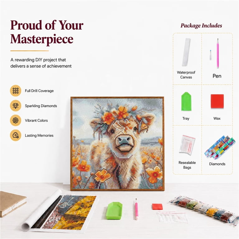 5D Diamond Painting Kit, Highland Cow, 13.8x13.8in photo 7
