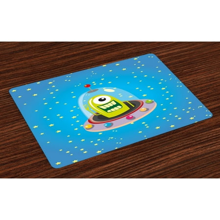 

Kids Placemats Set of 4 Cute Comic Ufo Alien in Outer Space with Stars Galaxy Journey Caricature Cartoon Print Washable Fabric Place Mats for Dining Room Kitchen Table Decor Multicolor by Ambesonne