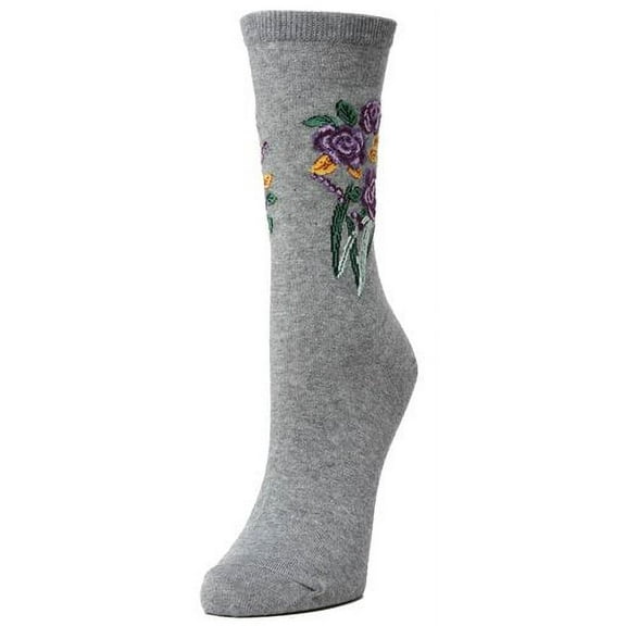 Natori Rose Garden Cotton Blend Women's Crew Socks - Womens - Female, 9-11, Medium Gray Heather