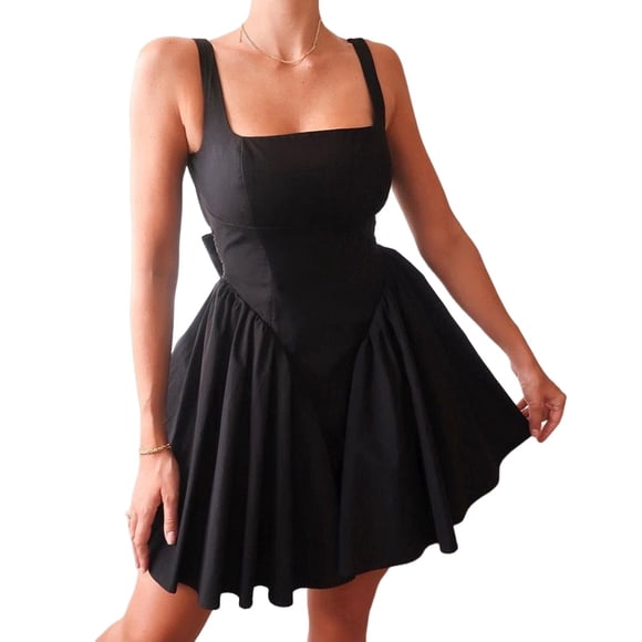 Women'S Summer Corset Mini Dress Square Neck Flowy A Line Cute Graduation Short Dresses Black XL