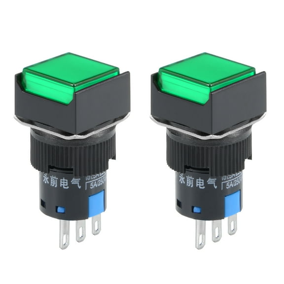 2 pcs 16mm Latching Push Button Switch Green Square Button 1 NO 1 NC