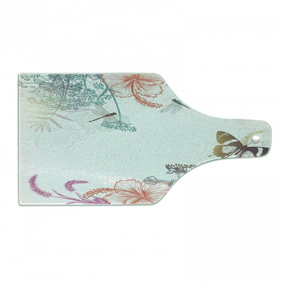 Dragonfly Cutting Board, Wildflowers Hibiscus Blooms Herbs Fern Antique Botanical Theme Design, Decorative Tempered Glass Cutting and Serving Board, Wine Bottle Shape, Multicolor, by Ambesonne