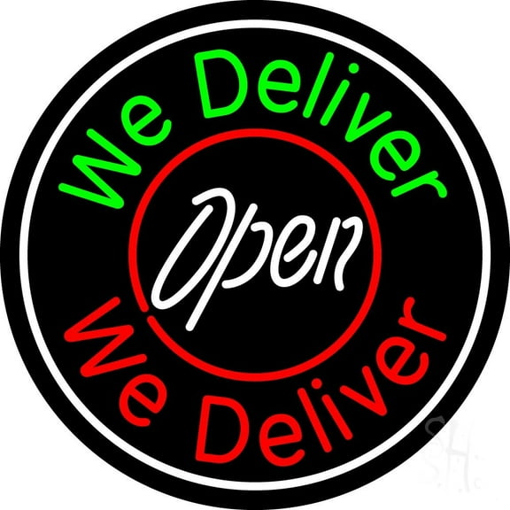 Round We Deliver Open LED Neon Sign 26 x 26 - inches, Black Square Cut Acrylic Backing, with Dimmer - Bright and Premium built indoor LED Neon Sign for restaurant window and interior decor.