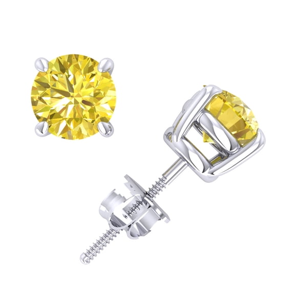 1.50Ct Round Cut Yellow Diamond Basket Solitaire Stud Earrings 14k White Gold Prong I1
