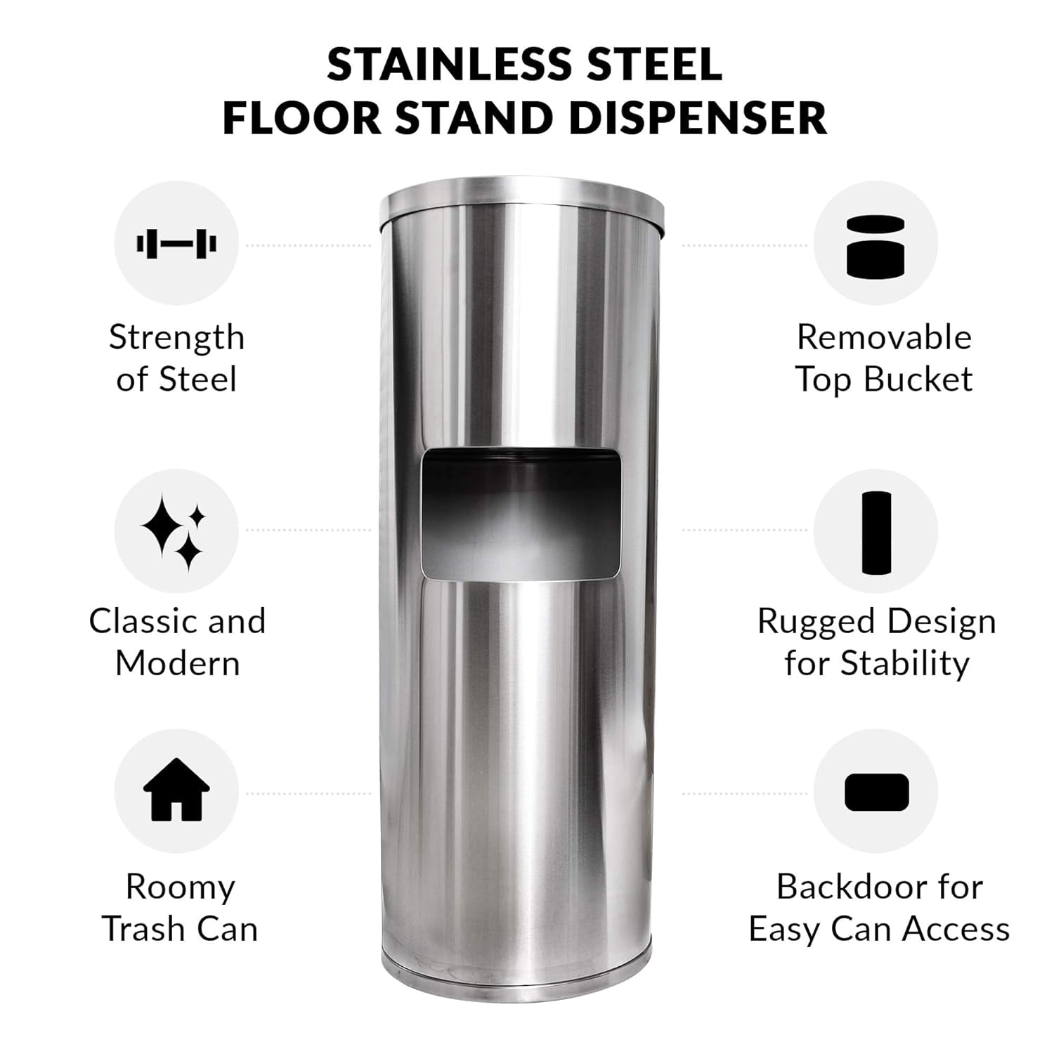 Stainless Steel Floor Stand Wipe Dispenser with Built-in Trash Can: Fits Sanitizing and Disinfecting Wipe Refill Rolls - Perfect for Gyms, Schools, Offices, Commercial Facilities