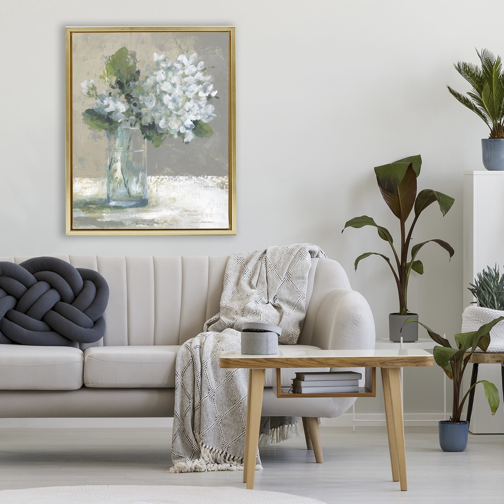 Stupell Industries Serene White Hydrangeas in Glass Gold Framed Floater Canvas Wall Art, design by Carol Robinson