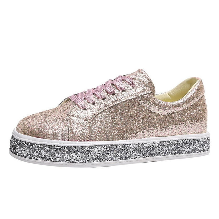 Miluxas Women's Glitter Tennis Sneakers Neon Dressy Sparkly Sneakers  Rhinestone Bling Wedding Bridal Shoes Shiny Sequin Shoes Clearance Pink  9(42) 